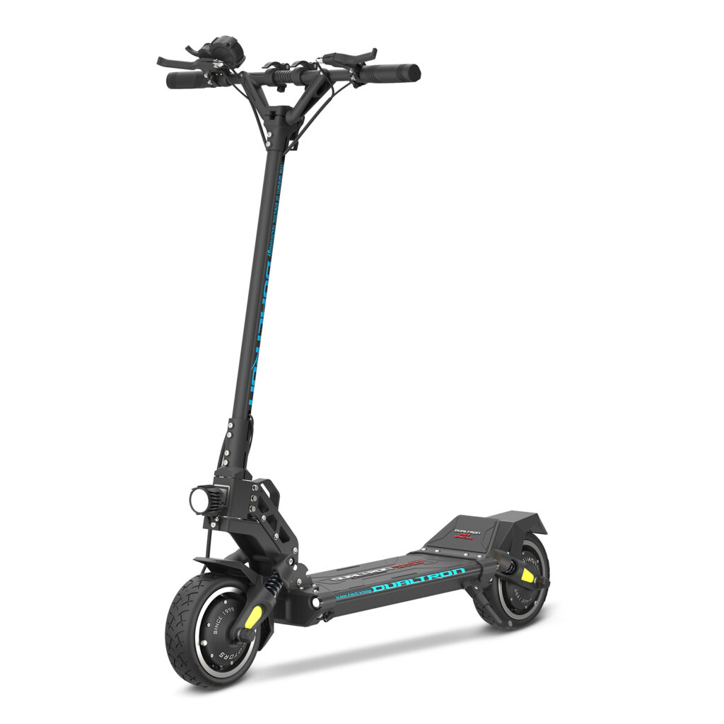Front angled view of Dualtron Mini Special LB Dual Motor electric scooter showing suspension and lighting