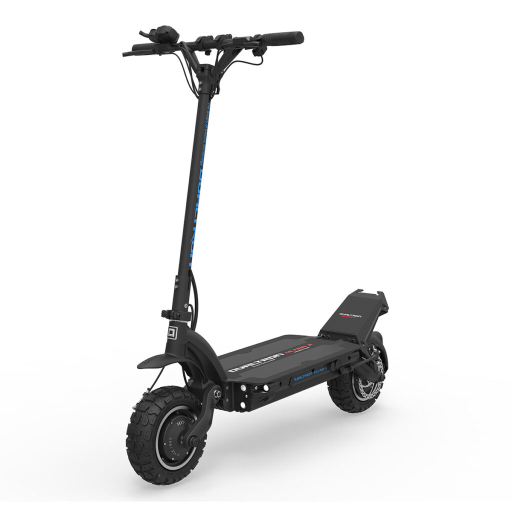 Dualtron Ultra 2 electric scooter front angle view showcasing rugged frame, off-road tires, and reinforced handlebar
