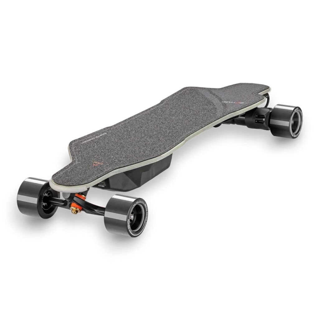 Image of Electric skateboard Exway Flex 2 Pro viewed form the front left side.