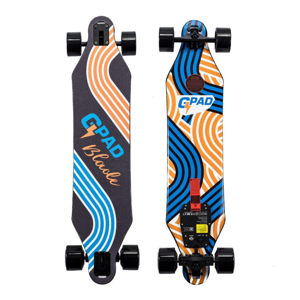 Image of two GPad Blade Electric skateboards where one is viewed from top and the other one from the bottom.