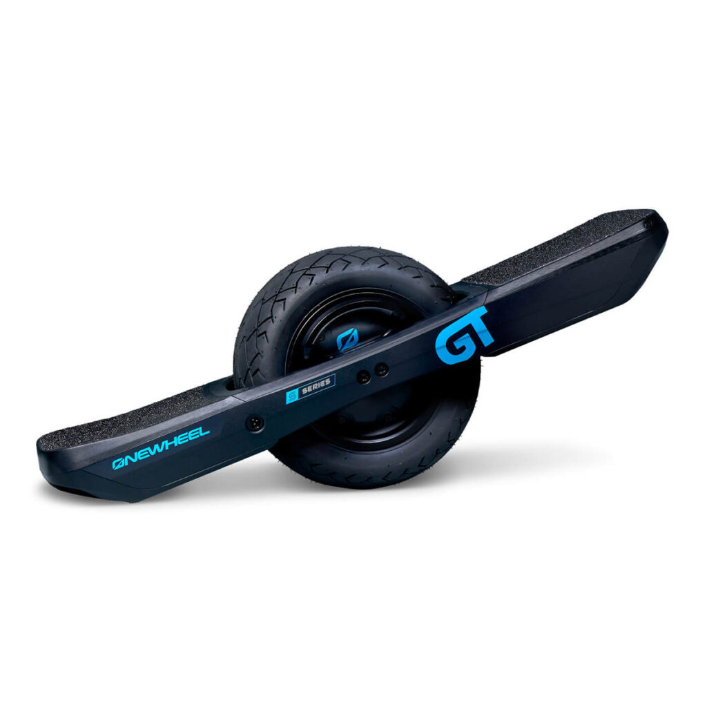 Studio product photo of the Onewheel GT S Series electric unicycle, showcasing its sleek black design, wide tire, and minimalistic build.