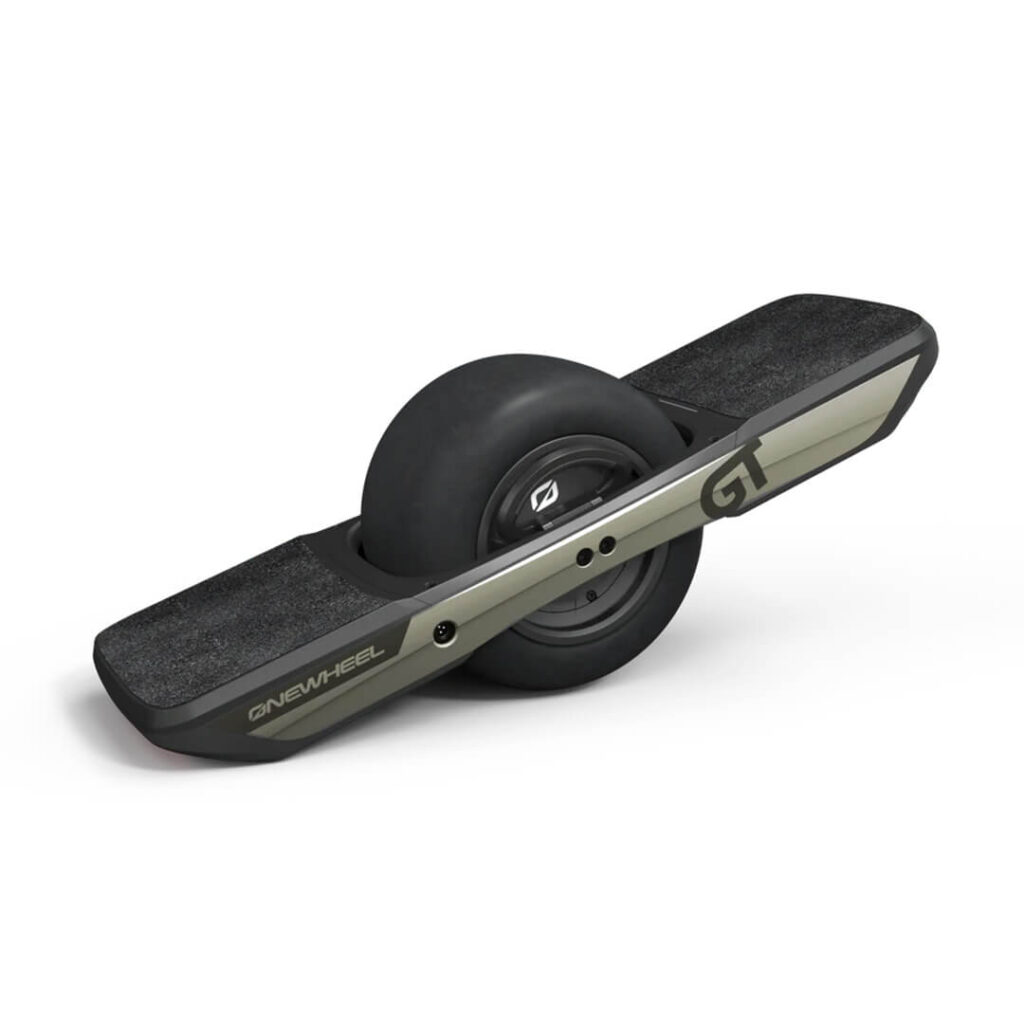 Studio product image of the Onewheel GT Slick electric unicycle featuring a slick tire, olive-colored side rail, black footpads, and the GT logo, shown angled on a white background.