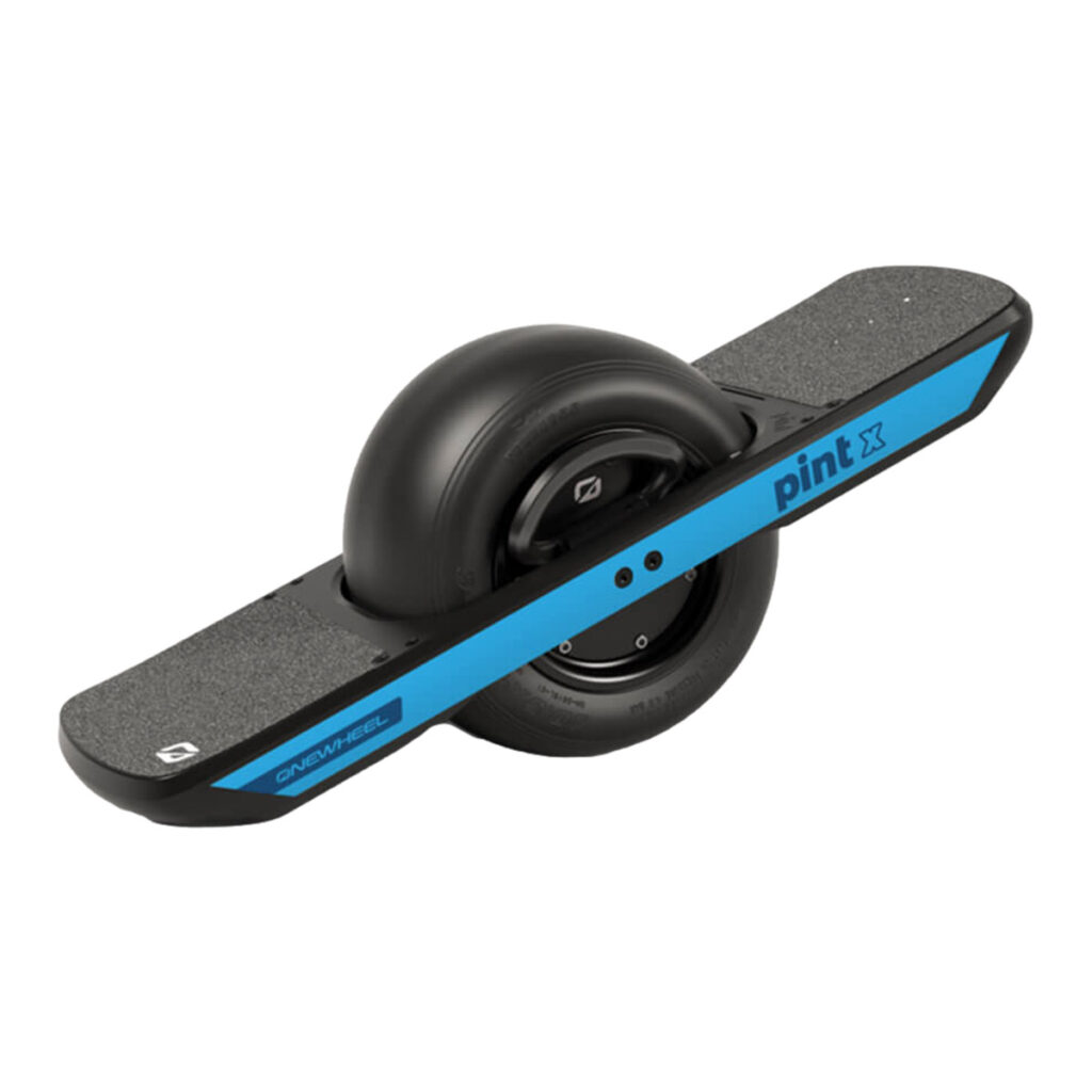 Electric unicycle Onewheel Pint X in side profile with blue rail and black tire, shown on a white background.