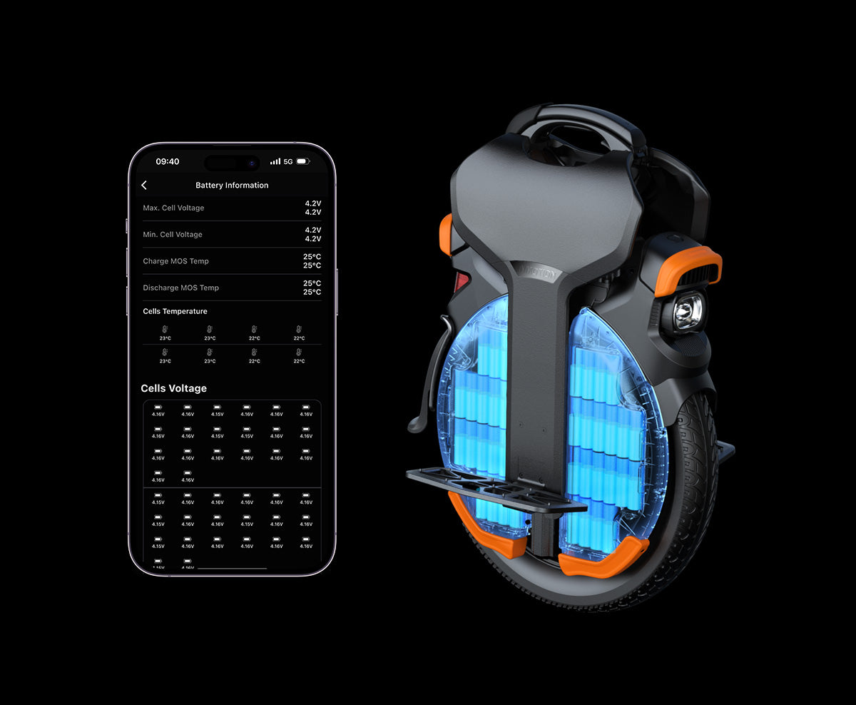 Smart BMS battery monitoring system and battery pack of the Inmotion V11Y, shown with mobile app interface.