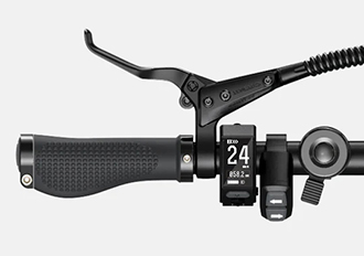 Close-up of Engwe P20 electric bike handlebar with digital display and controls