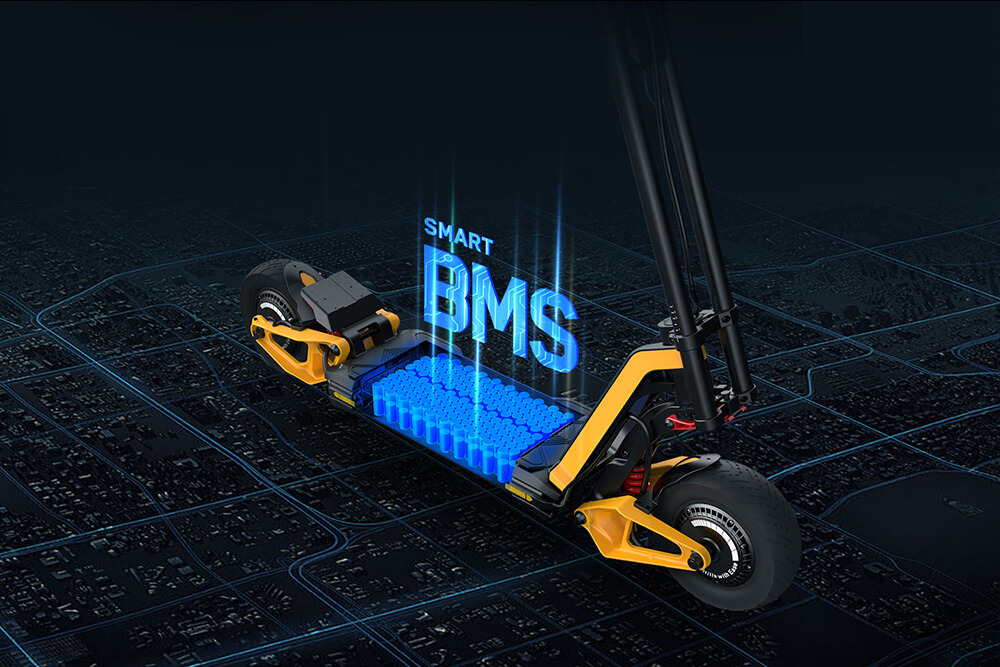 Inmotion RS electric scooter with a transparent deck revealing an intelligent battery management system, displayed over a digital city map background.