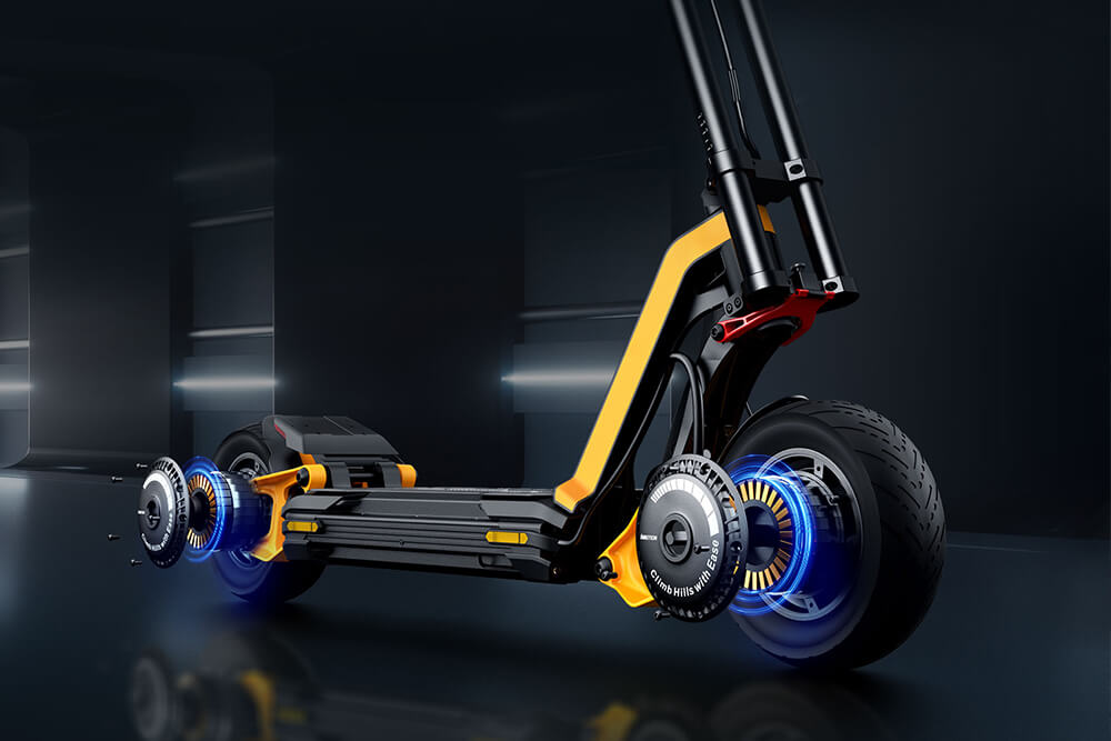Close-up view of the high-performance Inmotion RS electric scooter showcasing its dual motor wheels illuminated with blue lighting effects, set in a sleek, futuristic environment.