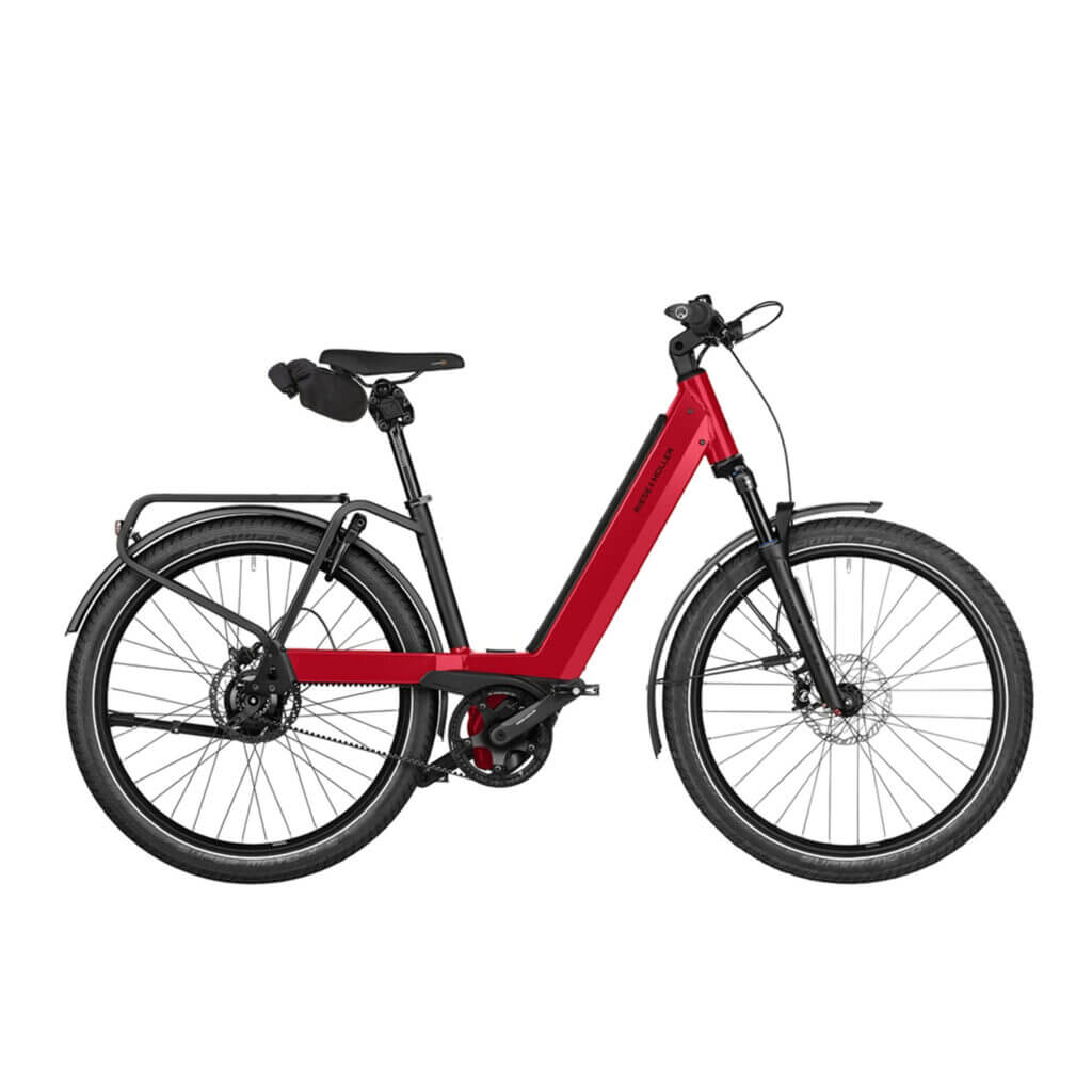 Full side view of Riese & Müller Nevo 4 electric bike in red with black accents