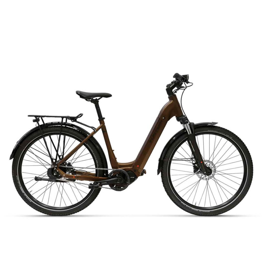 Side view of the Tunturi eHybrid 27.5 low-step DI2 electric bicycle.