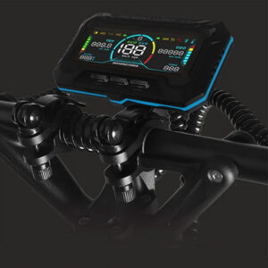 Zoomed-in view of Dualtron Achilleus LCD display and throttle controls on the handlebar