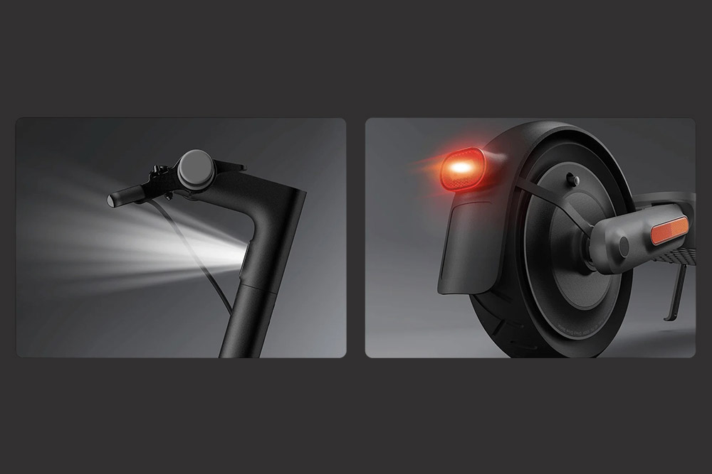 Split image showing the Xiaomi 4 Ultra electric scooter’s lighting system — the left side displays the bright front headlight mounted on the handlebar, and the right side shows the illuminated rear brake light integrated into the fender.