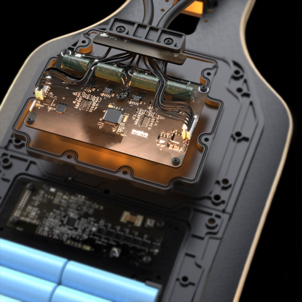 Close-up view of Evolve Hadean Bamboo Street E-FOC motor controller and electronic circuit board