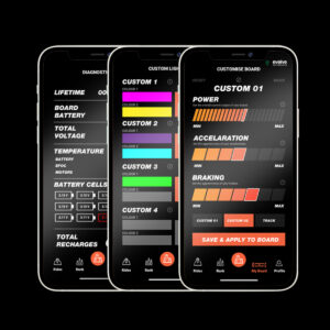 Mobile app interface for Evolve Hadean Bamboo Street electric skateboard showing ride customization and diagnostics
