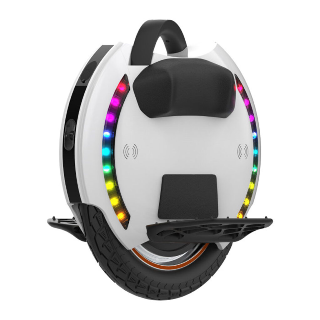 Electric unicycle Kingsong KS-14D V2 standing upright on white background – full view of compact and modern design.