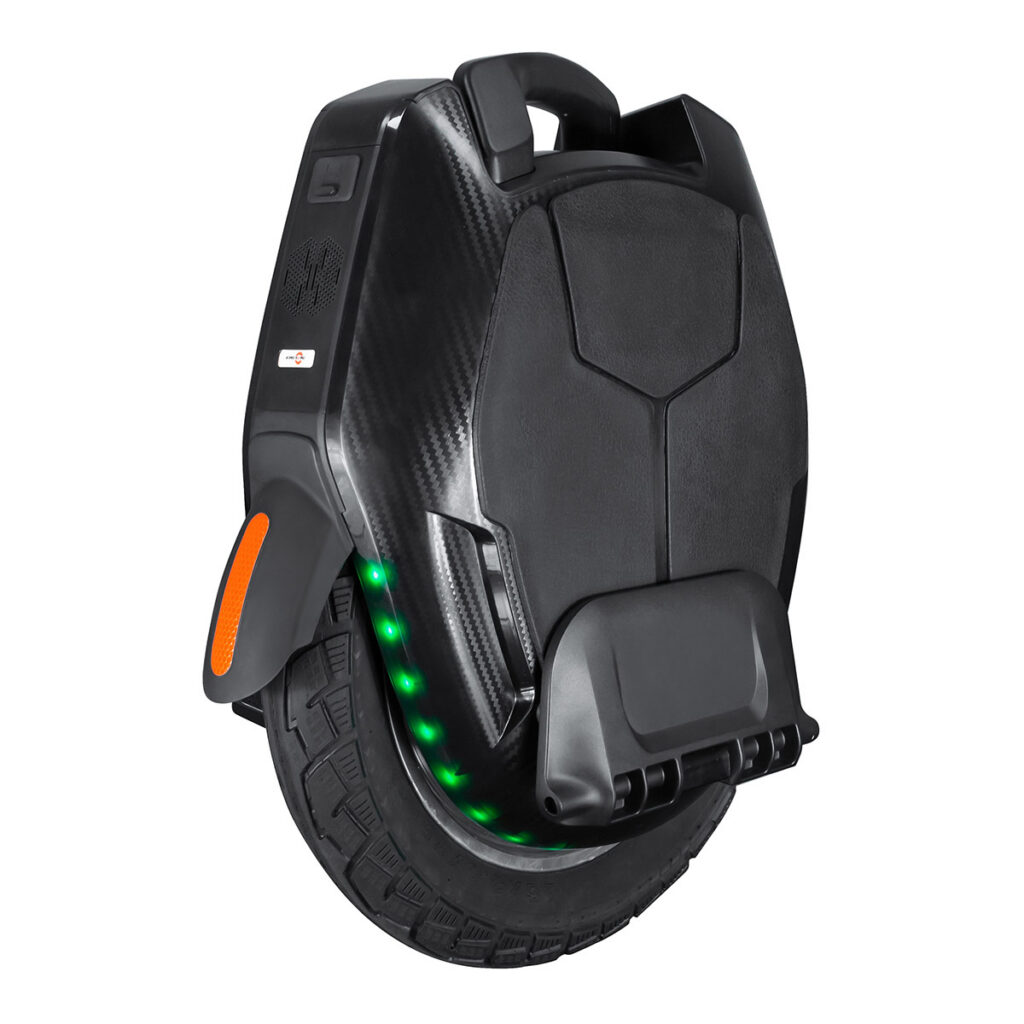 Kingsong KS-16X electric unicycle with carbon fiber texture and green LED light strip on a rugged all-terrain tire
