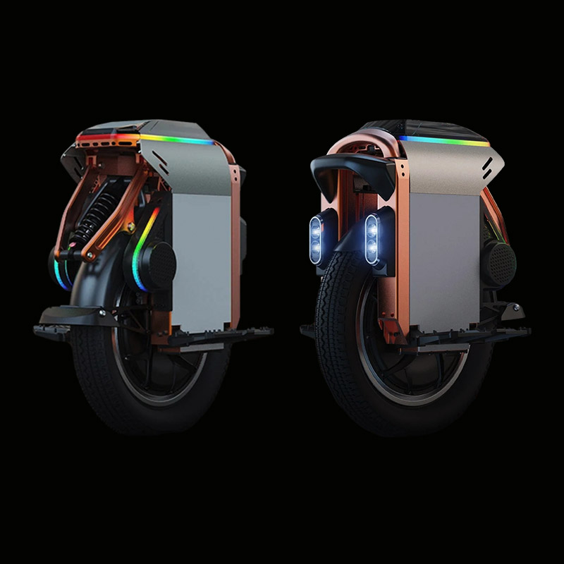 Electric unicycle Kingsong S16 front and rear view with dual LED headlights and 360° RGB lighting
