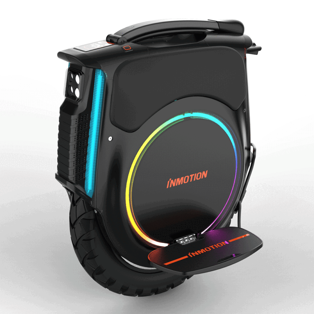 Left side angled view of the Inmotion V12 electric unicycle with unfolded pedals.