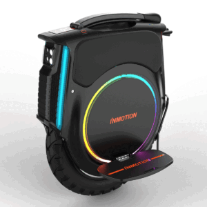 Left side angled view of the Inmotion V12 electric unicycle with unfolded pedals.