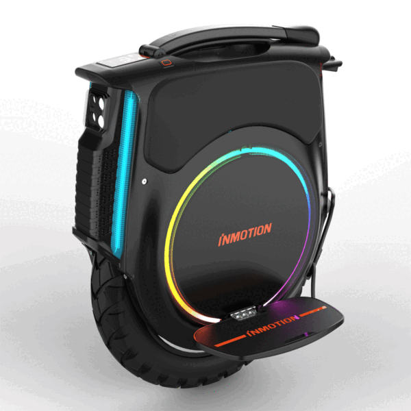 Inmotion V12 -sähköyksipyörä vasemmasta kulmasta kuvattuna, polkimet avattuina.