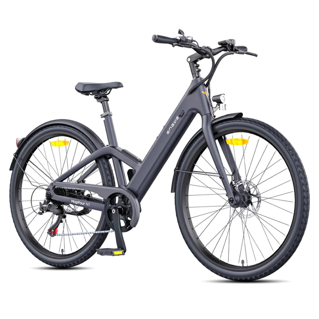 Front side angled view of the grey low-step ENGWE Mapfour N1 Air electric bike.