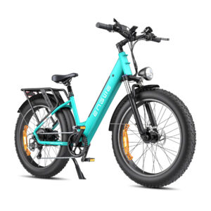 Front right side view of the light blue low-step ENGWE E26 electric bike.