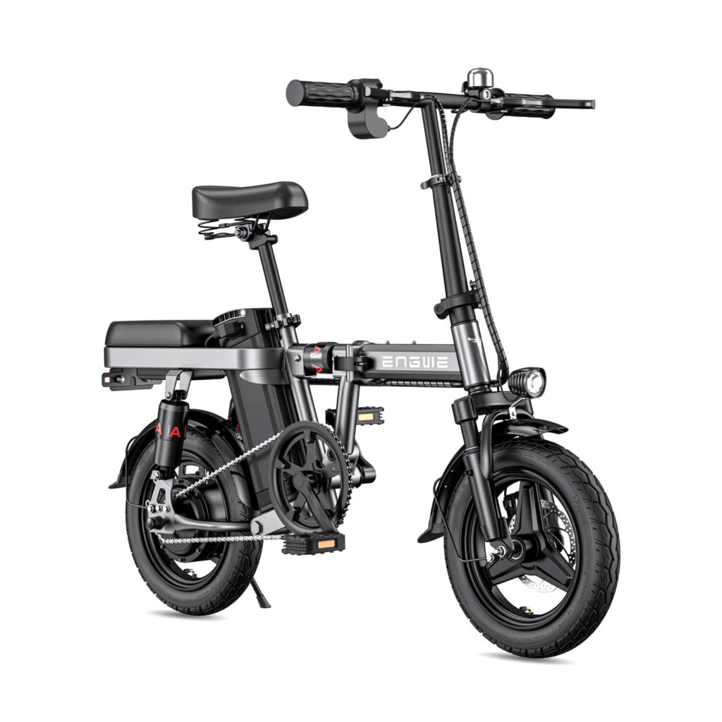 Front right side view of the grey ENGWE T14 Mini electric bike.