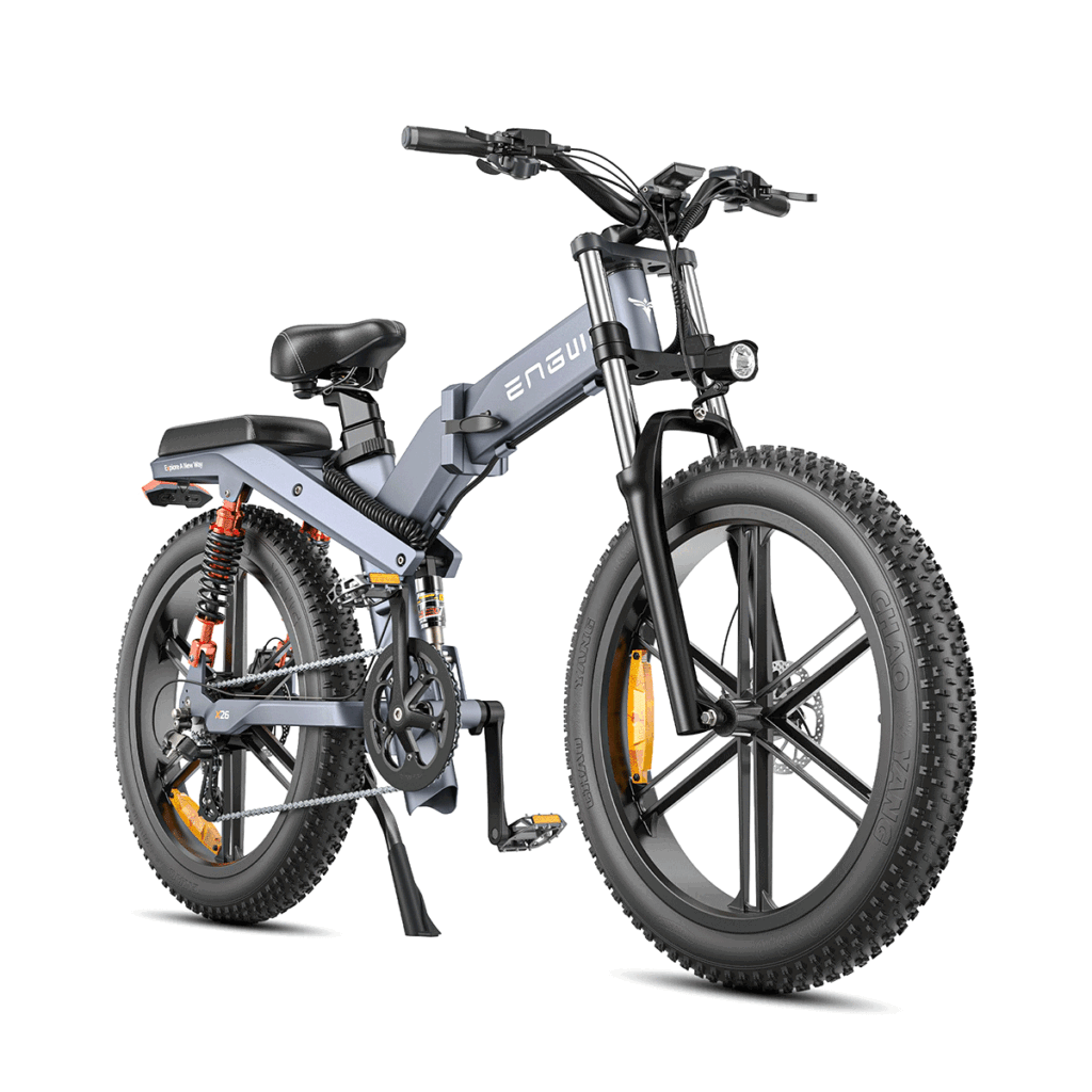 Front right side angled view of the grey ENGWE X26 electric bike