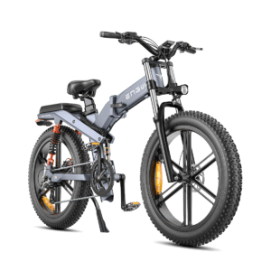 Front right side angled view of the grey ENGWE X26 electric bike