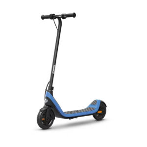 Front right side angled view of the blue Segway Ninebot C2 Lite Kids electric scooter.