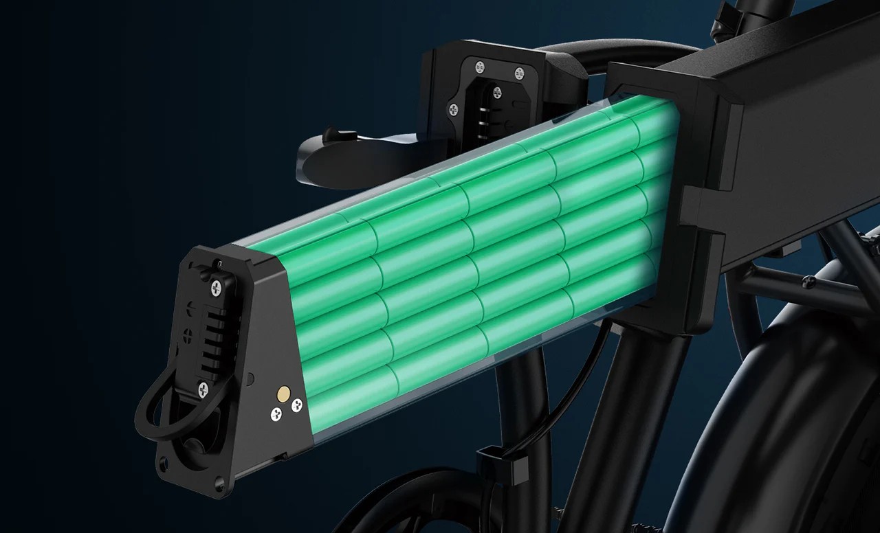 Close-up of the orange Engwe EP-2 Boost electric bicycle's battery pack.