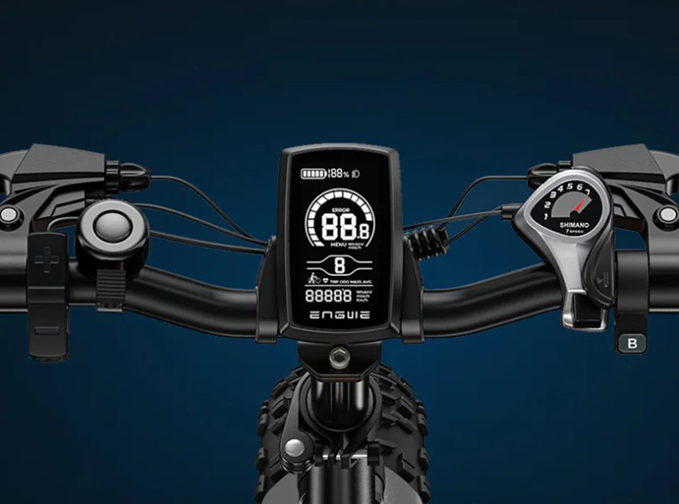 Close-up of the orange Engwe EP-2 Boost electric bicycle's display.