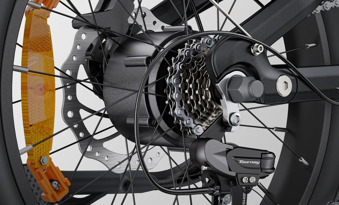 Close-up of the Engwe L20 3.0 Boost electric bicycle's hub motor.