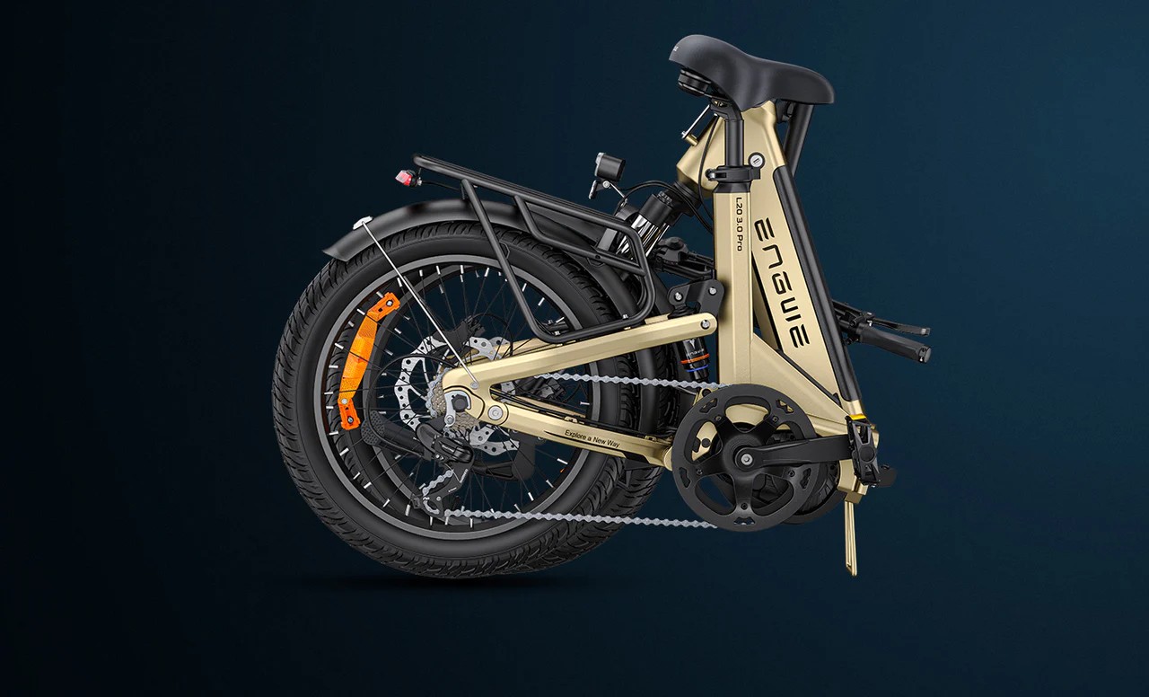 Side view of the folded champagne Engwe L20 3.0 Pro electric bicycle.