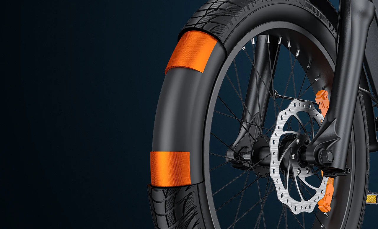 Close-up of the Engwe L20 3.0 Pro electric bicycle's puncture proof tyres.