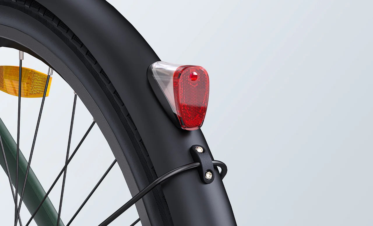 Close-up of the green Engwe Mapfour N1 Air electric bicycle's taillight.