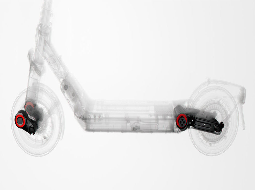 Transparent side view of a Segway-Ninebot E3 Pro electric scooter revealing its internal frame and suspension layout.
