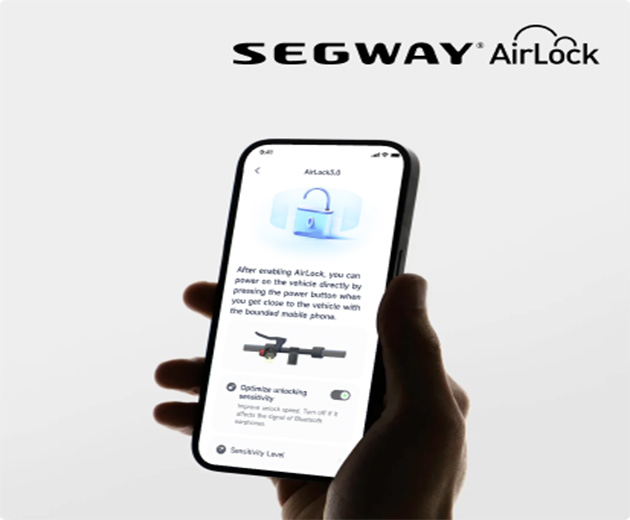 A smartphone displaying the Segway AirLock app interface, which shows vehicle unlocking and security settings.