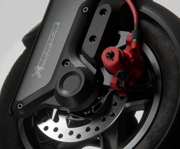 Close-up of the Segway-Ninebot F3 Pro E electric scooter's braking mechanism.