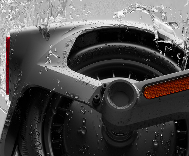 Illustrative image showing the Segway-Ninebot F3 Pro E electric scooter's water resisitance.