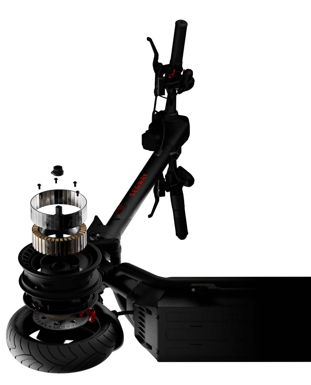 Illustrative image showing the Segway-Ninebot GT3 Pro electric scooter's front motor.