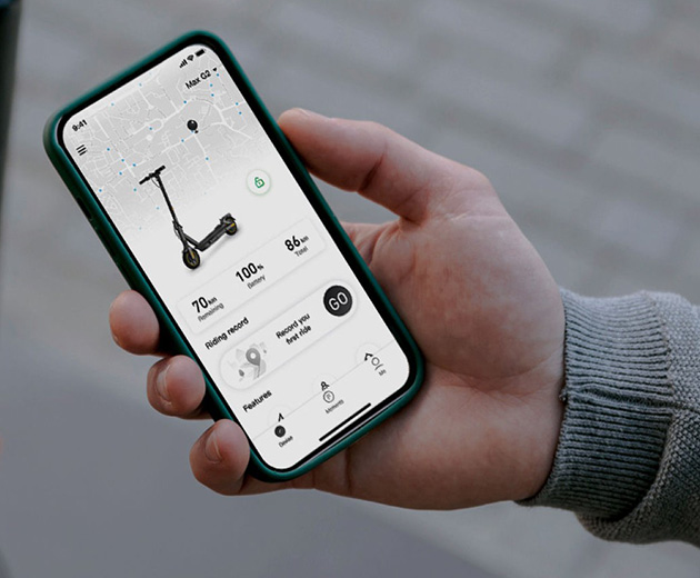 Illustrative image showing the Segway-Ninebot MAX G2 E electric scooter's app interface.