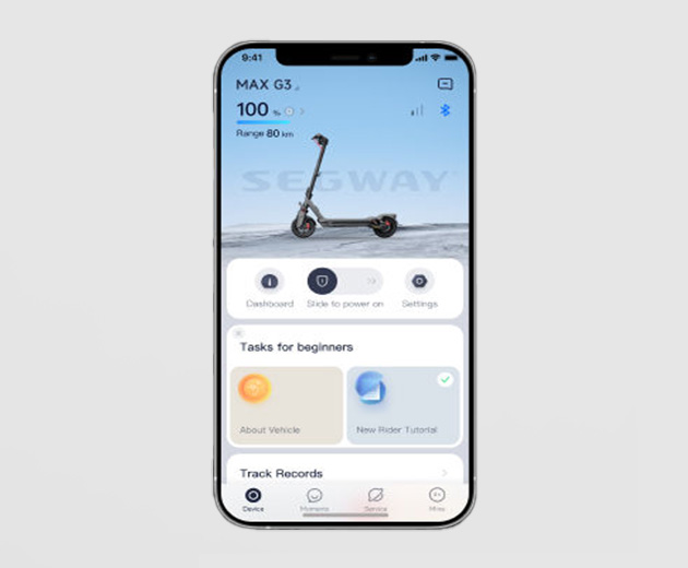 Illustrative image showing the Segway-Ninebot MAX G3 electric scooter's app interface.