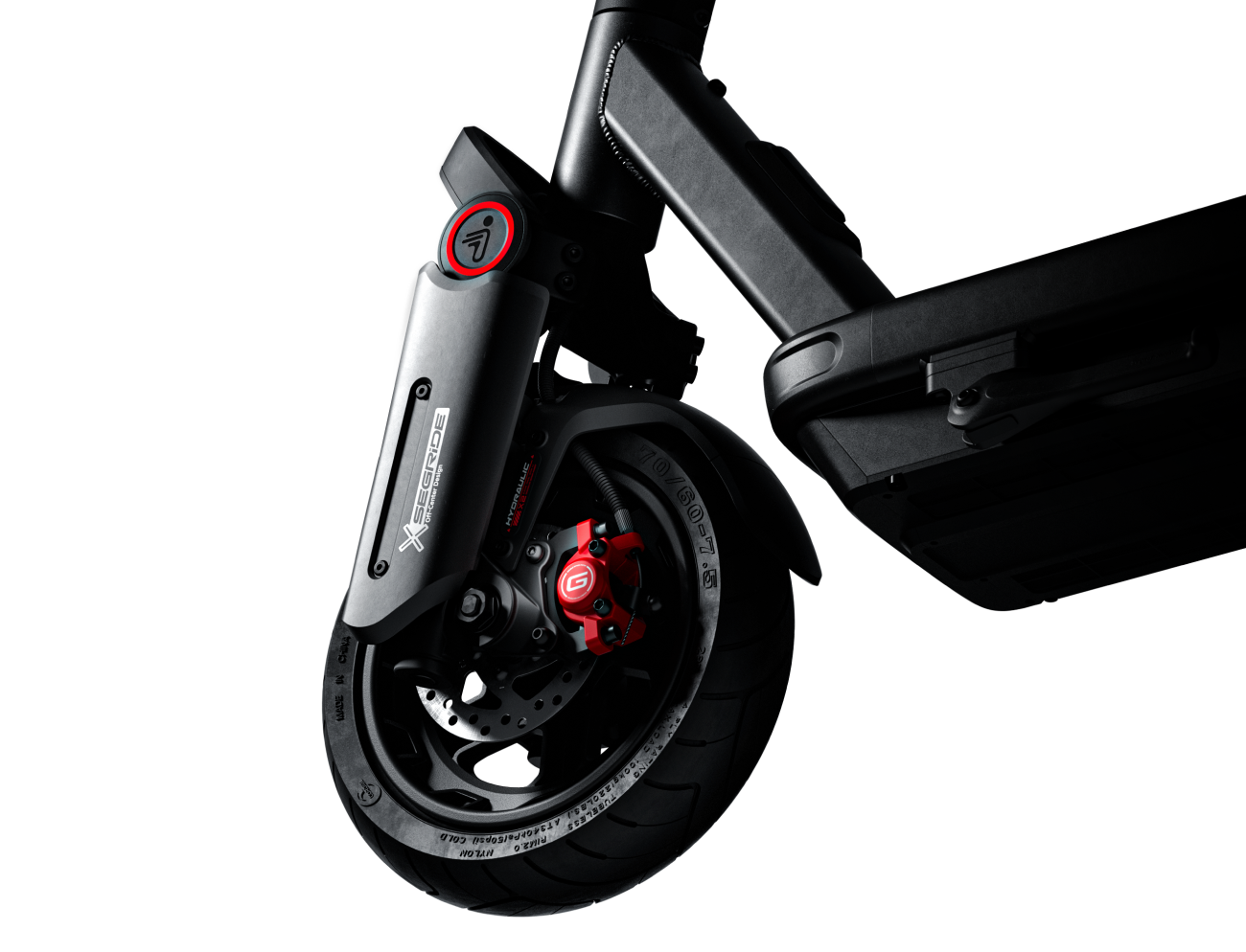 Close-up of the Segway-Ninebot MAX G3 E electric scooter's front suspension.