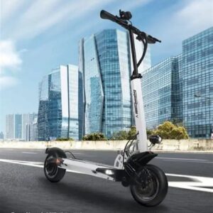 Illustrative image of the white Speedway 5 electric scooter on the city street.