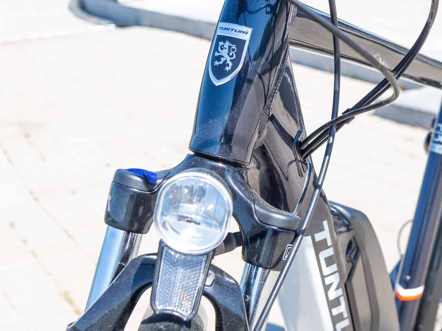 Close-up of the Tunturi eMotion electric bicycle's front light.