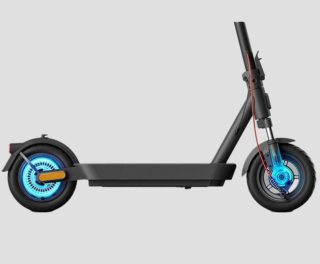 Close-up of the Xiaomi 5 electric scooter's dual brake system.