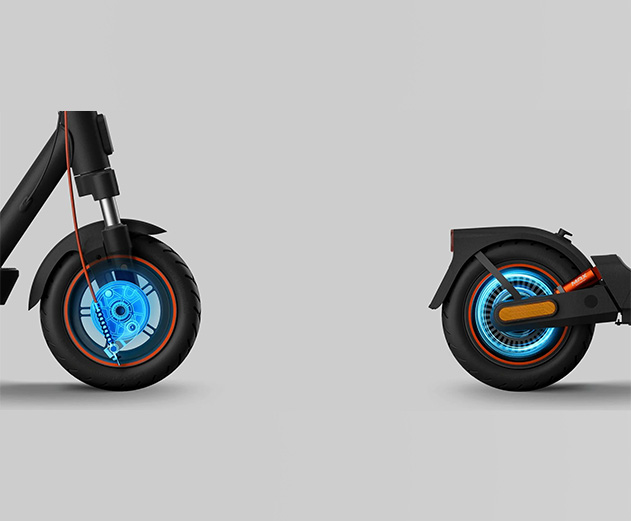Illustrative image of the Xiaomi 5 Max electric scooter's dual brake system.