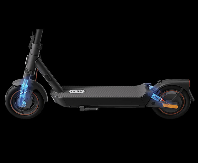 Close-up of the Xiaomi 5 Max electric scooter's front hydraulic and rear spring suspension.