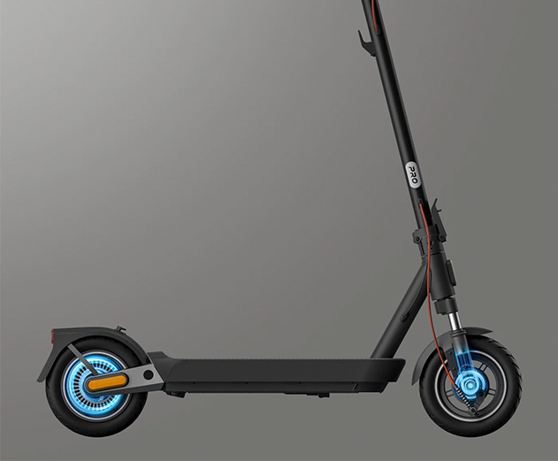 Close-up of the Xiaomi 5 Pro electric scooter's dual brake system.