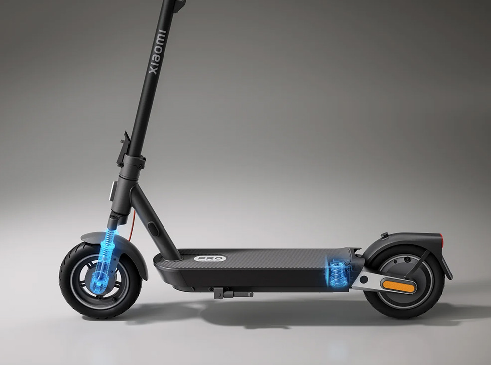 Side view of the Xiaomi 5 Pro electric scooter's suspension system.